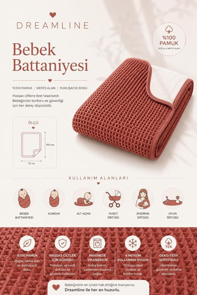 Dreamline %100 Pamuk Bebek Battaniyesi Kiremit
