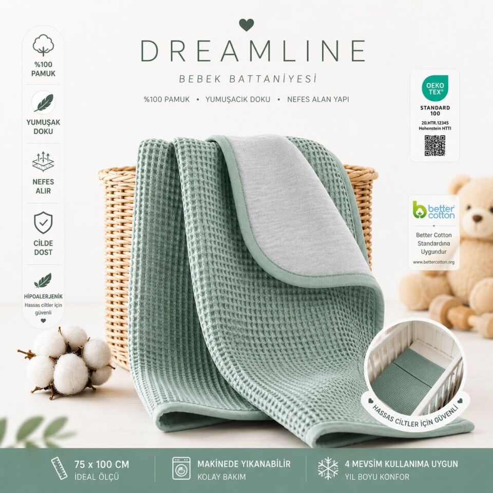 Dreamline %100 Pamuk Bebek Battaniyesi Yeşil