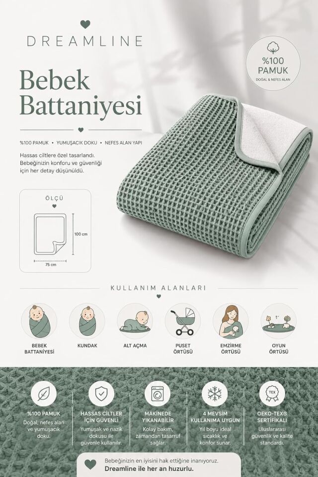 Dreamline %100 Pamuk Bebek Battaniyesi Yeşil