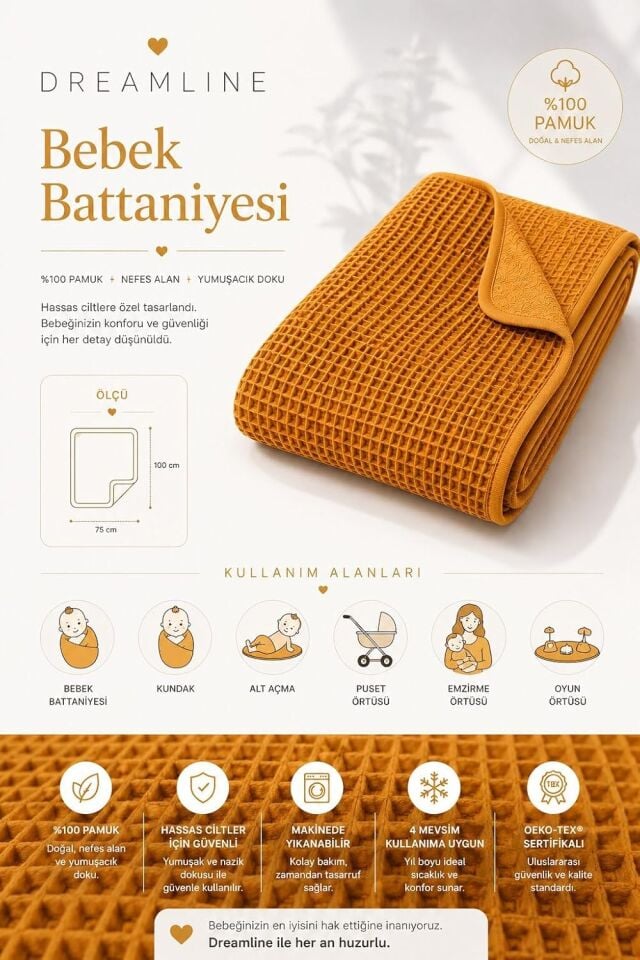 Dreamline %100 Pamuk Bebek Battaniyesi Hardal