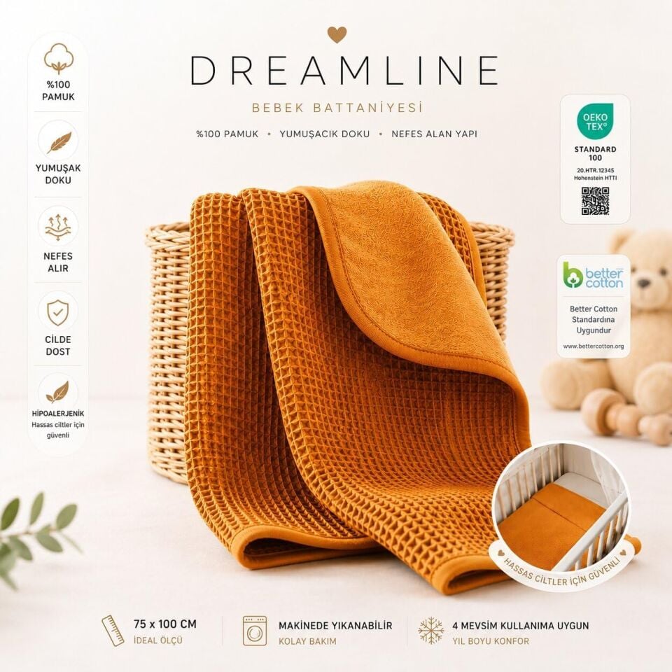 Dreamline %100 Pamuk Bebek Battaniyesi Hardal