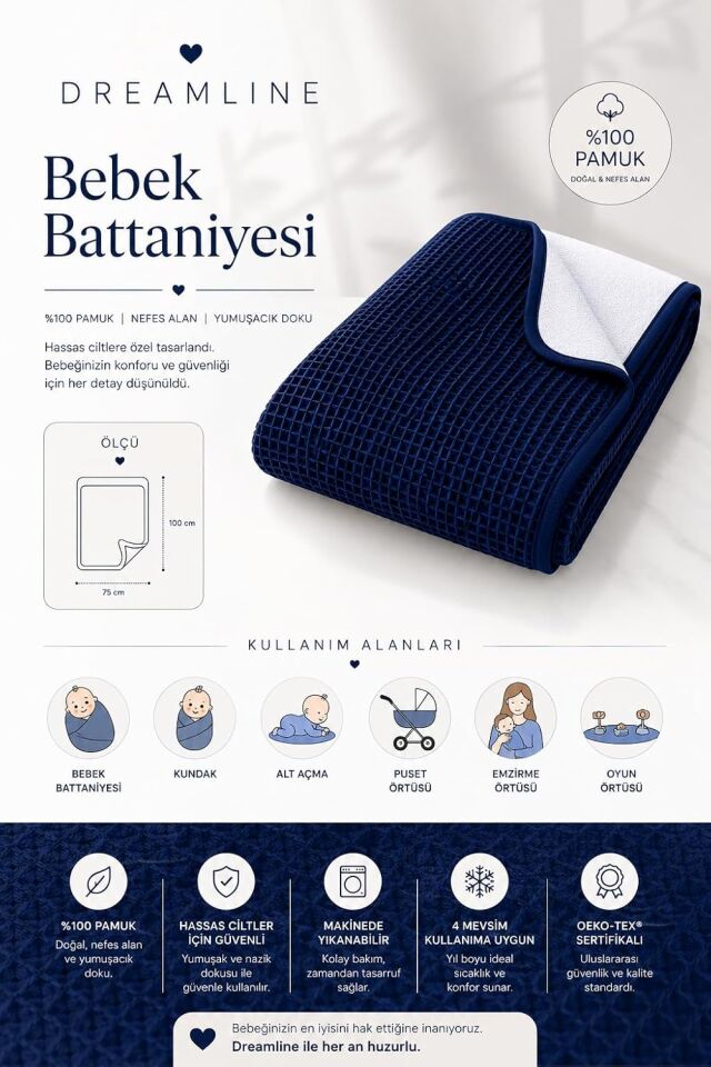 Dreamline %100 Pamuk Bebek Battaniyesi Mavi