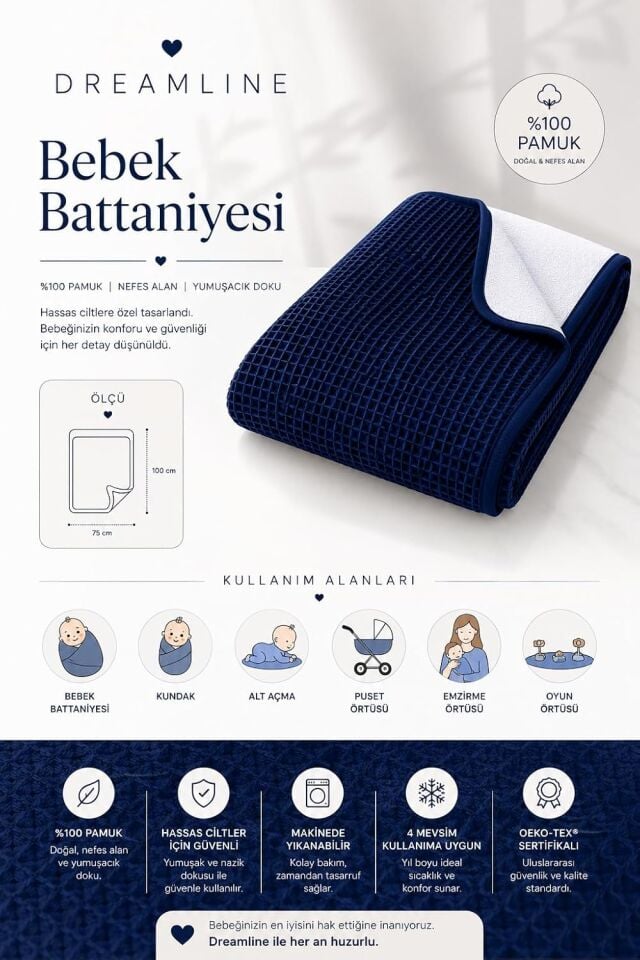 Dreamline %100 Pamuk Bebek Battaniyesi Mavi