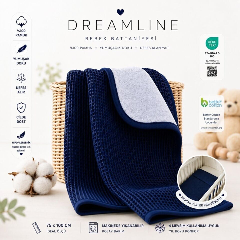Dreamline %100 Pamuk Bebek Battaniyesi Mavi