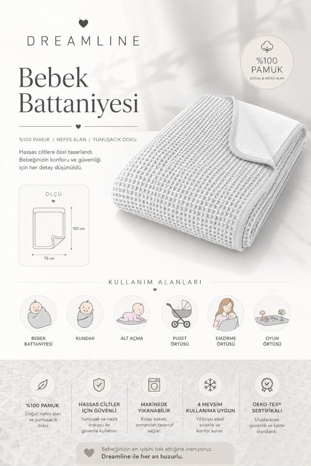 Dreamline %100 Pamuk Bebek Battaniyesi Gri